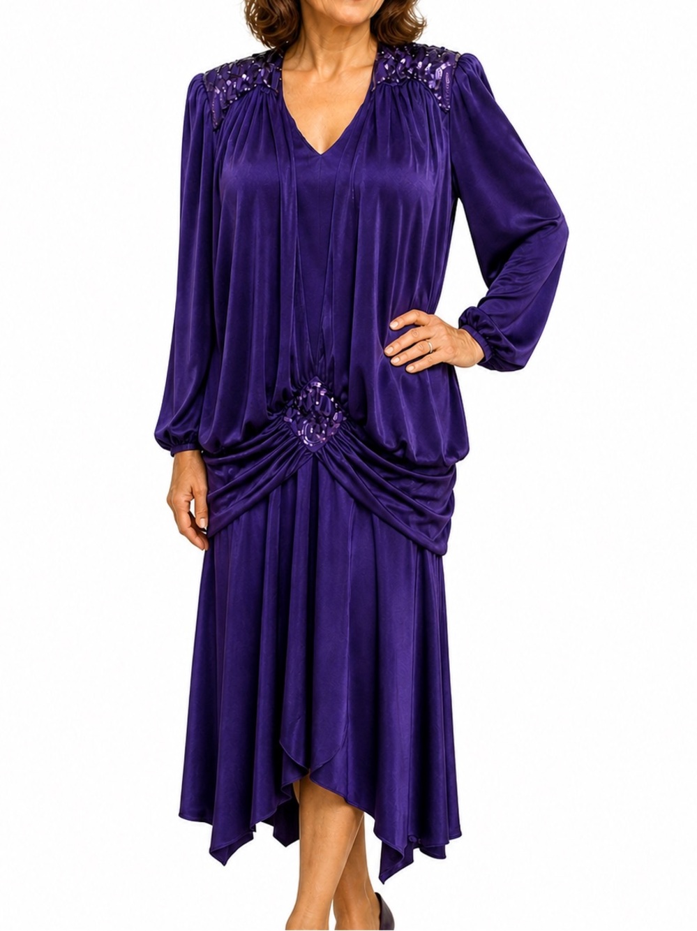 Abby Kent Dress Purple Ruched Long Sleeve Sequin Midi Draped V Neck 80' 90' 12 L
